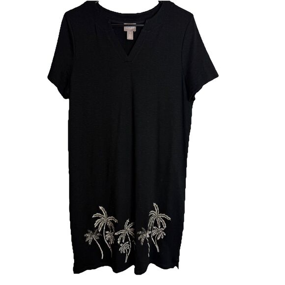 Chico’s Black V Neck T Shirt Dress Beaded Palm Trees Resort Womens Sz 1 / Medium - Picture 1 of 10